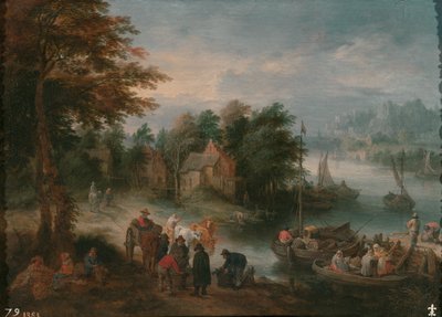 Fluss mit Menschen und Vieh von Theobald Michau